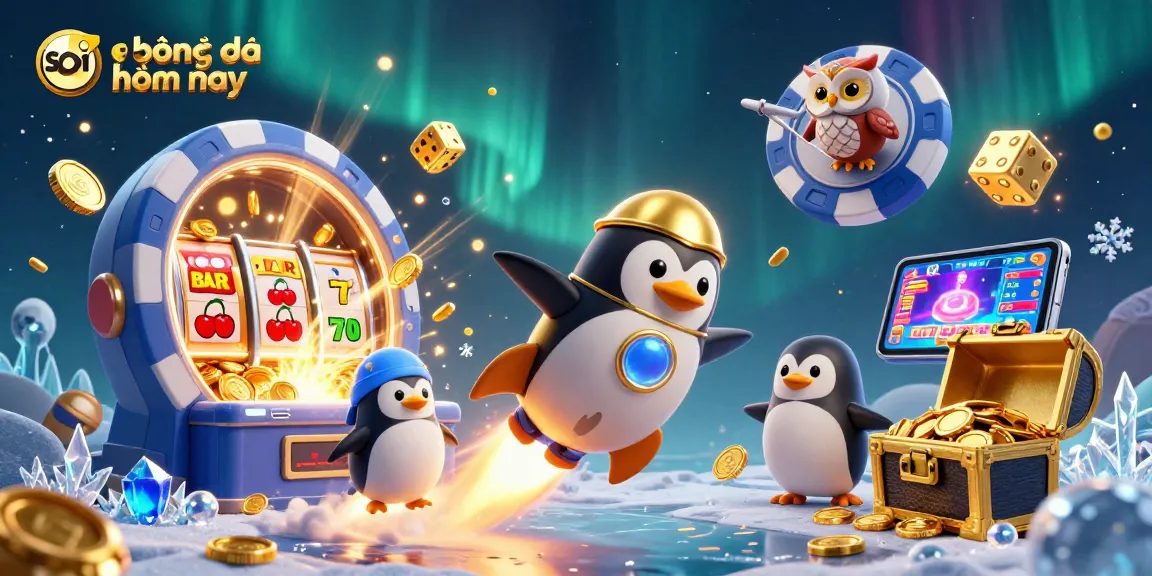 Discover exciting betting opportunities with soi kèo bóng đá hôm nay as a golden penguin blasts through a casino universe.