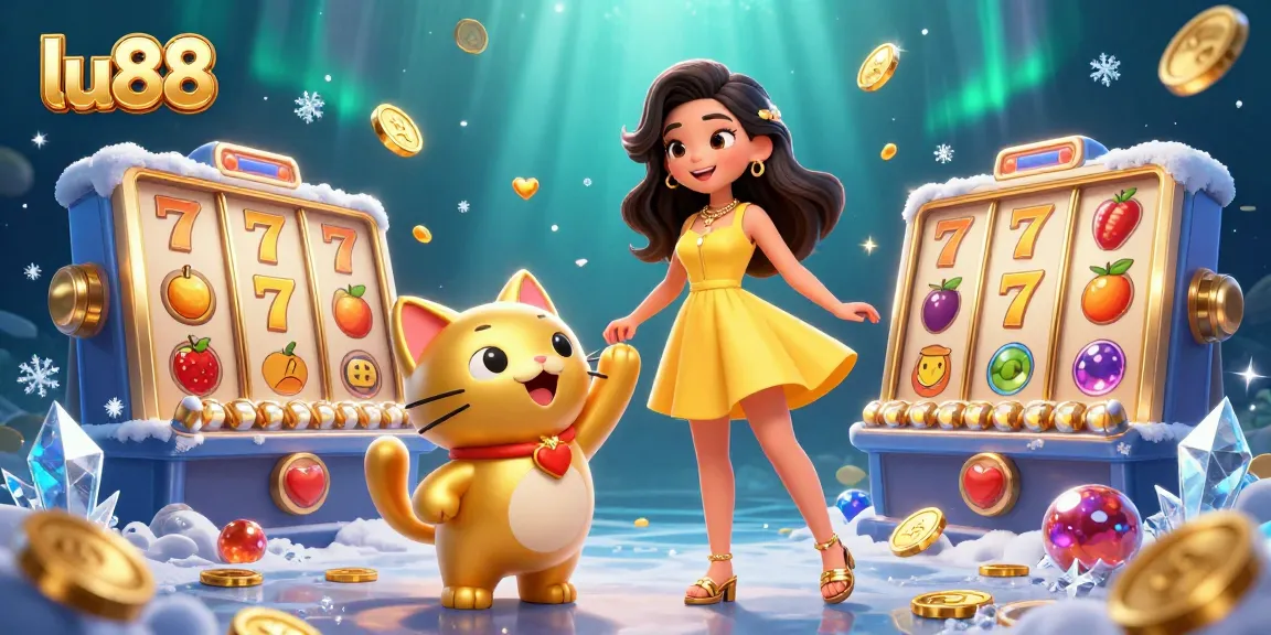 Spin to win with lu88's vibrant jackpots and lucky cats in a captivating casino scene.
