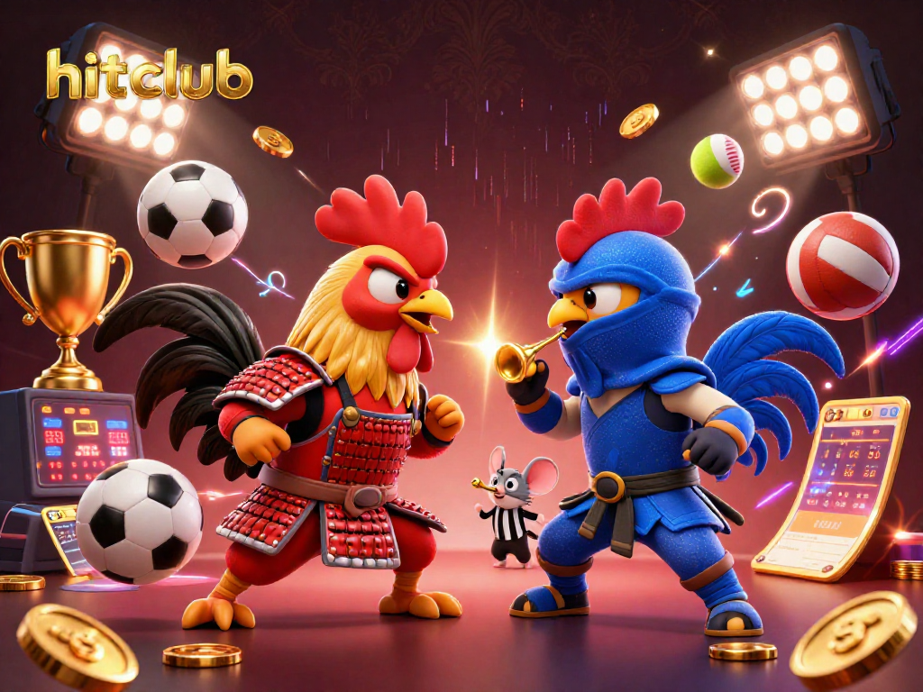 Engage with hitclub's thrilling betting showdown featuring animated roosters and dynamic sports elements.