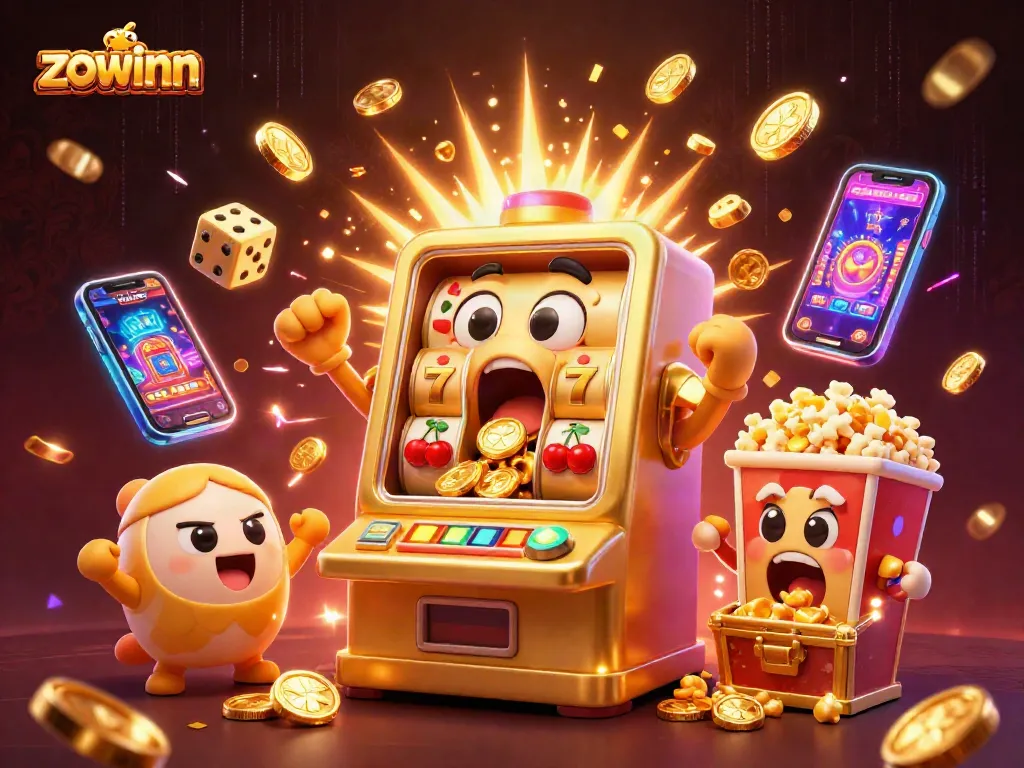 Zowinn's vibrant slot machine scene showcasing jackpots and celebrations, perfect for online gambling enthusiasts.