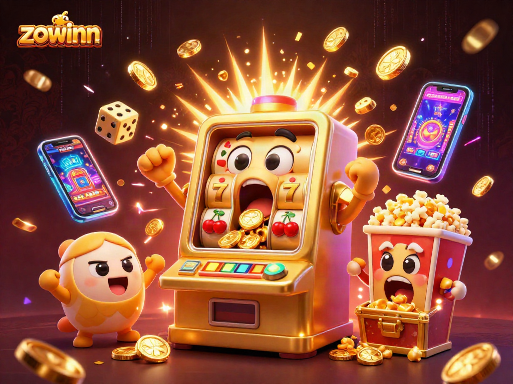 Zowinn's vibrant slot machine scene showcasing jackpots and celebrations, perfect for online gambling enthusiasts.