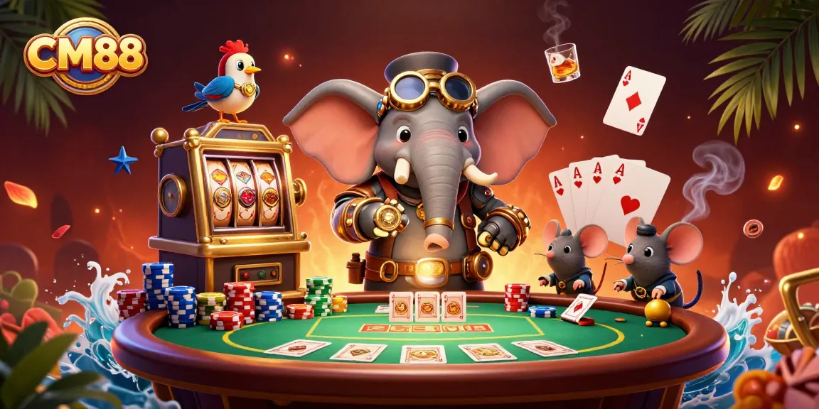 Spin the CM88 slots with excitement in this lively steampunk casino illustration filled with vibrant elements.