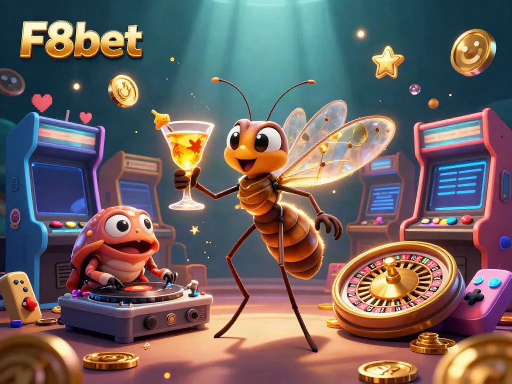 Engage with F8bet's lively casino scene featuring a frozen mosquito mascot and vibrant gaming elements.