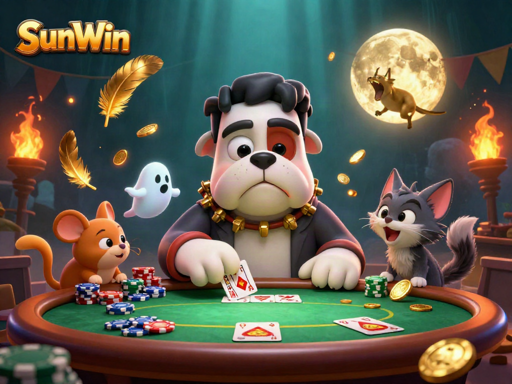 Engage in thrilling poker action with SunWin's vibrant casino illustration showcasing a unique character ensemble.