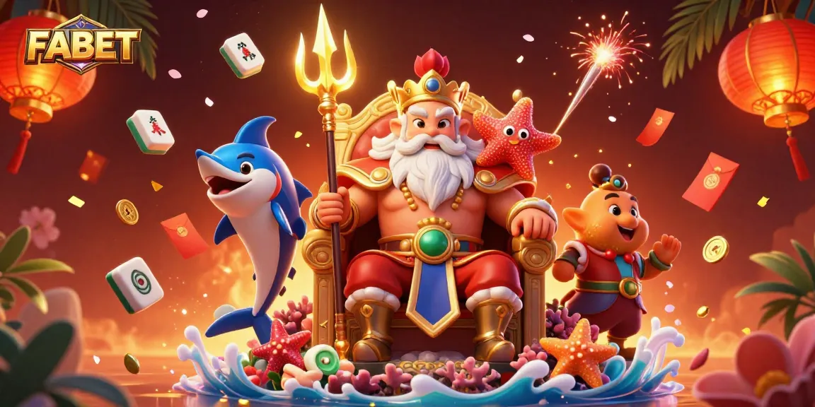 Join FABET's exciting gaming world with Neptune and friends in this vibrant casino illustration.