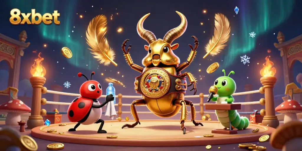 Engage with exciting 8xbet betting action illustrated in a dynamic scene featuring a golden stag beetle champion.