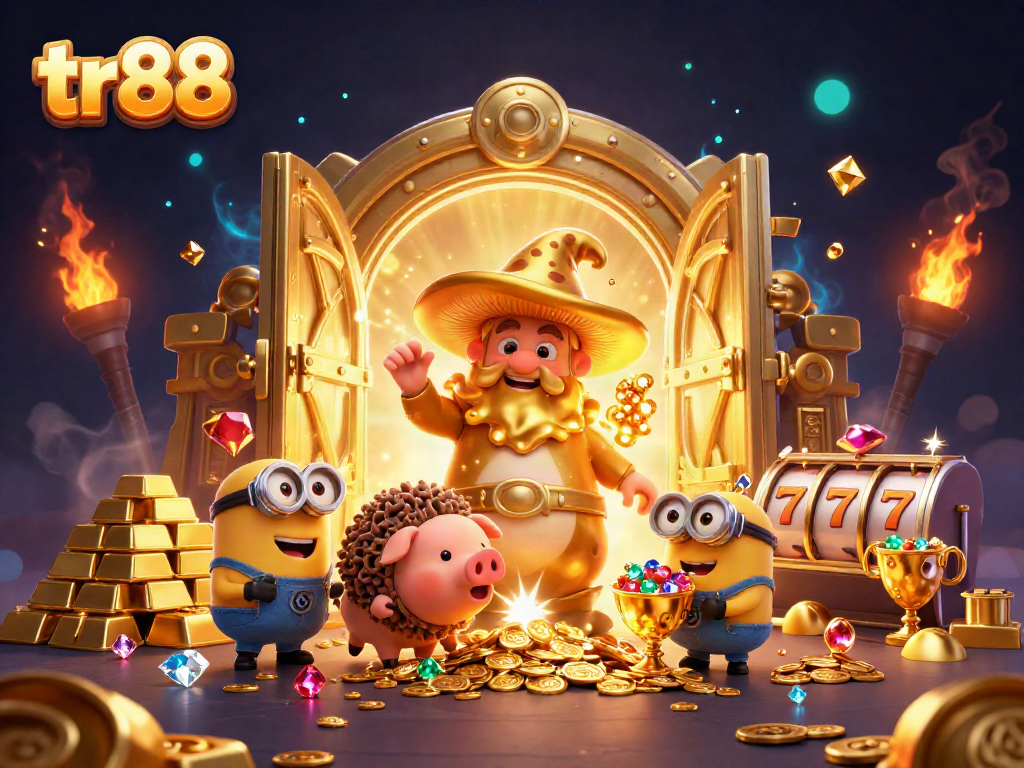 tr88 reveals the magic of wins with a golden wizard, slot reels, and treasures