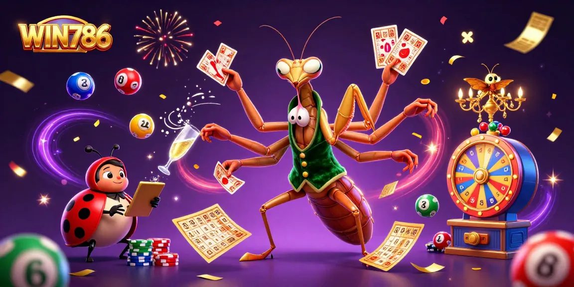 WIN786 casino gaming scene with a giant praying mantis dealing cards and colorful lottery elements.