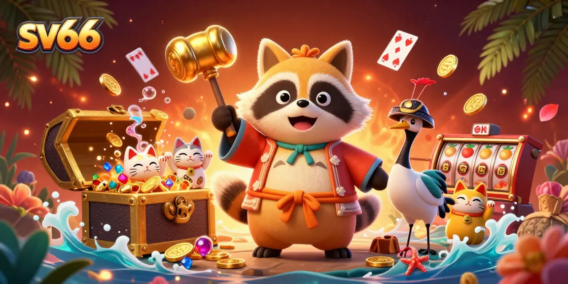 Engage with sv66's vibrant online casino atmosphere featuring a cheerful tanuki and unique game elements.