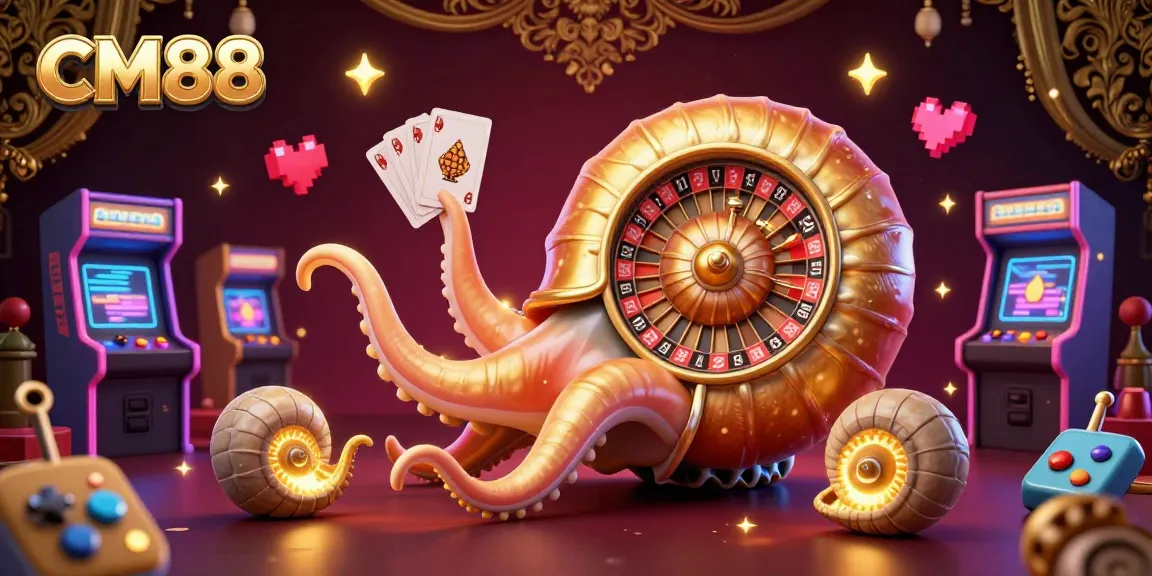 Engage in thrilling gameplay at CM88 with a vibrant scene featuring a nautilus roulette wheel and glowing casino elements.