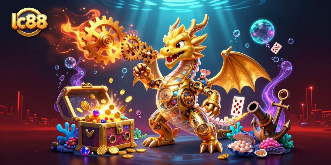 Experience excitement at lc88 with a golden dragon and treasures in a dynamic casino scene.