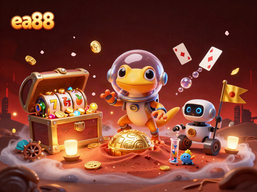 ea88 gaming scene with a Martian gecko exploring a golden casino among exciting slot elements.