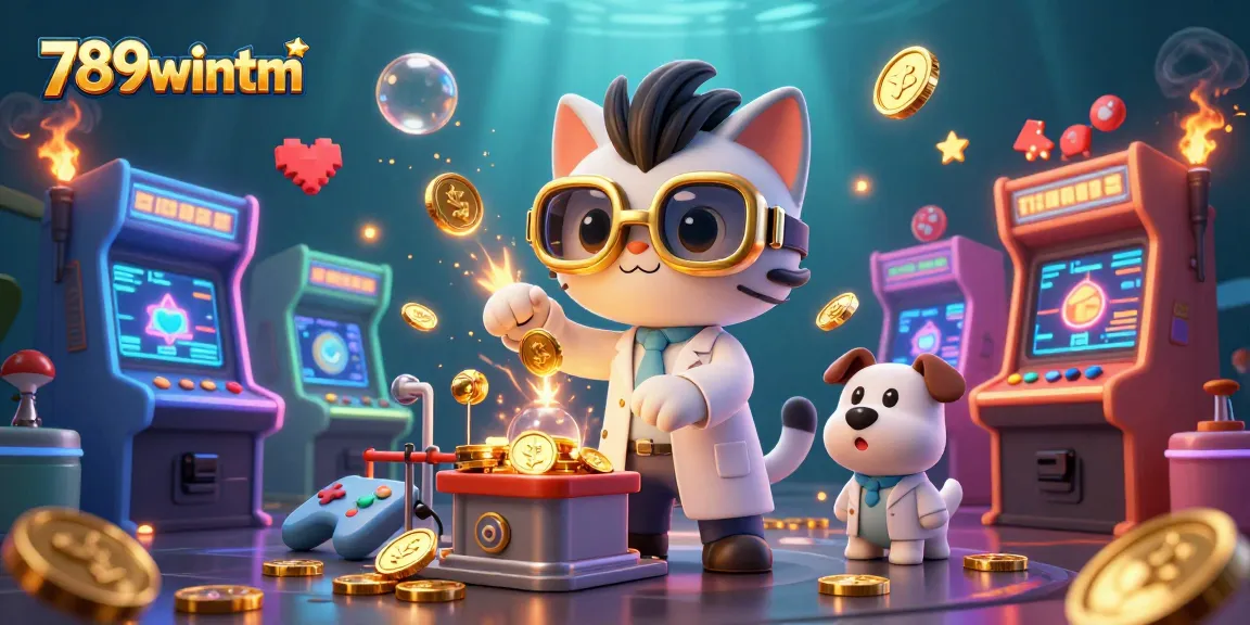 Engage with 789wintm through a lively 3D cartoon scene of a mad scientist cat and loyal dog amidst arcade and casino elements.