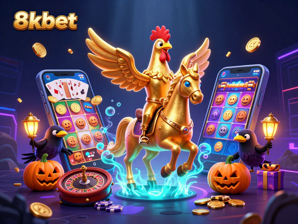 Experience thrilling action at 8xbet with a golden rooster in a vibrant casino scene.