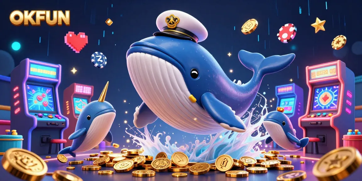 Engage in thrilling games at OKFUN with dynamic characters swimming amidst casino coins and arcade elements.