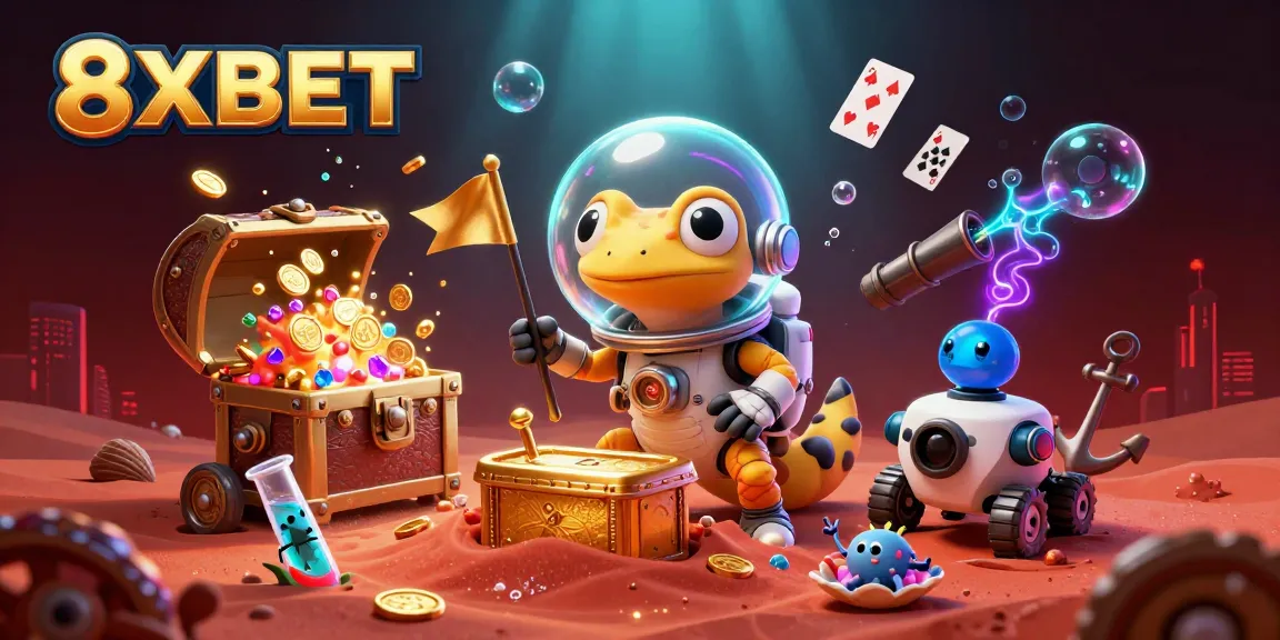 8XBET Martian gecko discovers a golden casino, immersing players in vibrant gambling adventures.