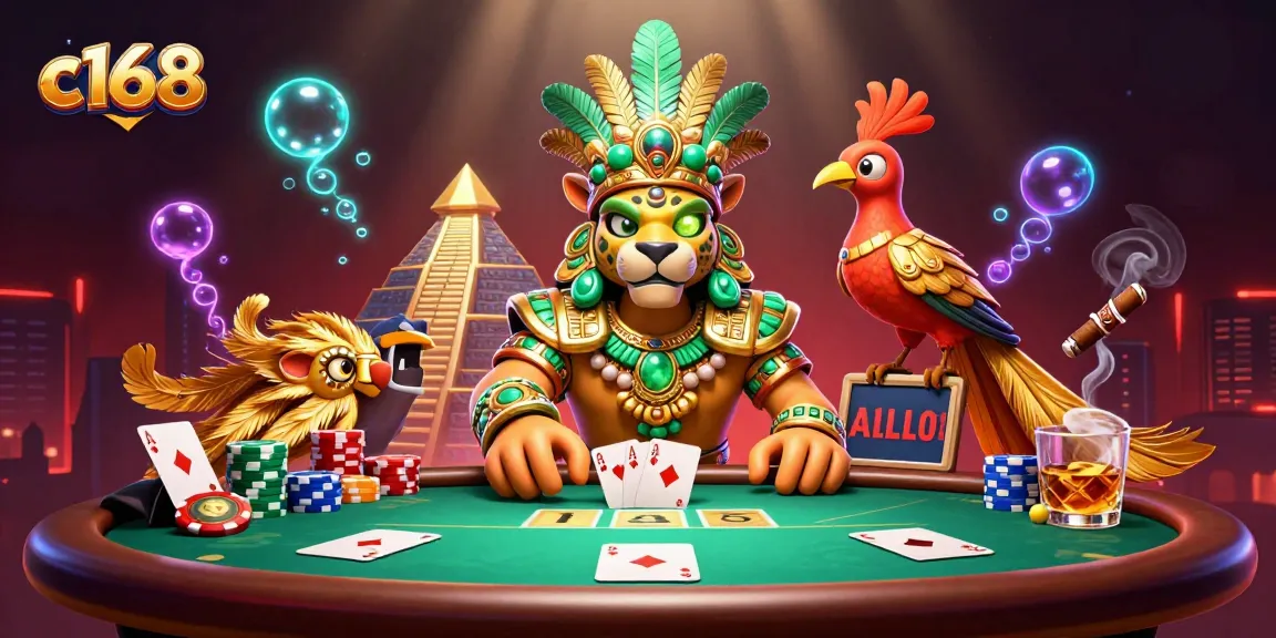 Experience the vibrant gaming scene with c168, featuring a Mayan priest and rich gambling elements in a dynamic illustration.