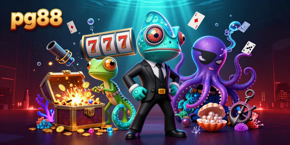 Engage with pg88's thrilling casino adventures, featuring a dynamic scene of colorful characters and gambling excitement.