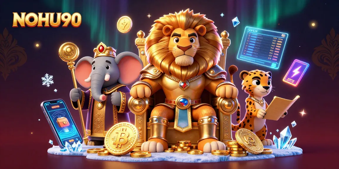 Engage with the dynamic NOHU90 gaming scene featuring a lion king and cryptocurrency elements.