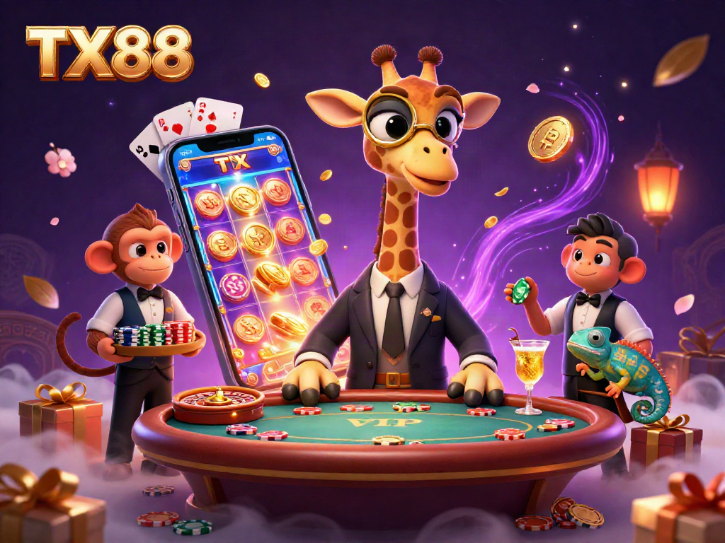 Win big with TX88 as a high-roller giraffe engages in lively casino fun surrounded by vibrant gaming elements!