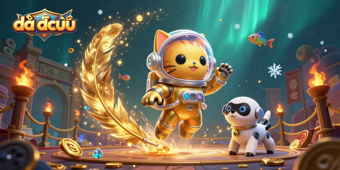 Engage in standout gameplay with đấu địa chủ featuring a vibrant 3D illustration of a space cat and robotic companions.