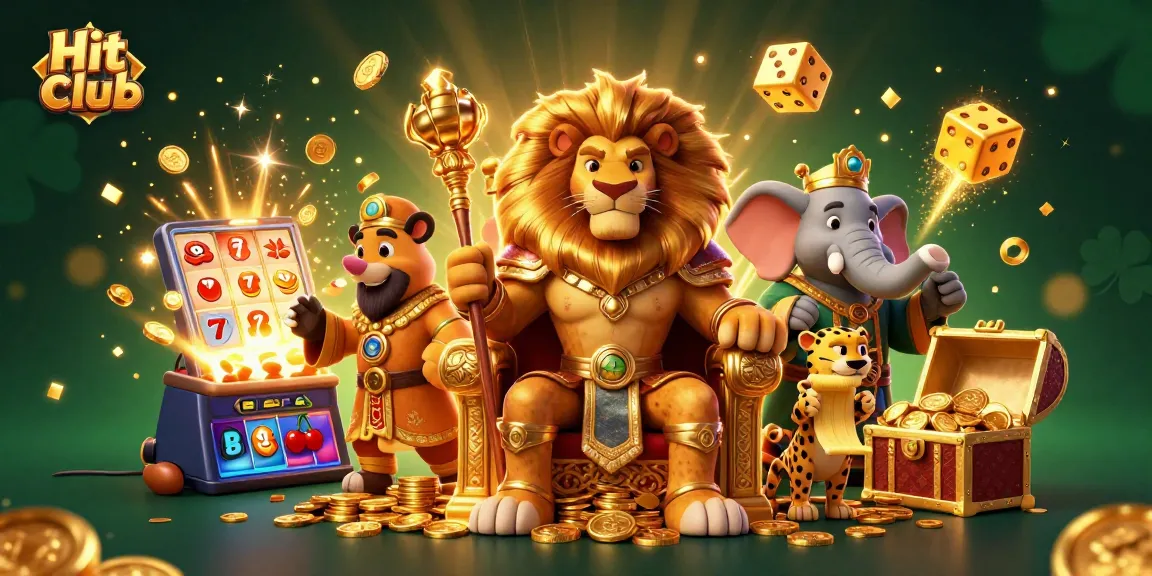 Experience the Hit club, a vibrant casino scene featuring a lion king, elephant advisor, and cheetah messenger.