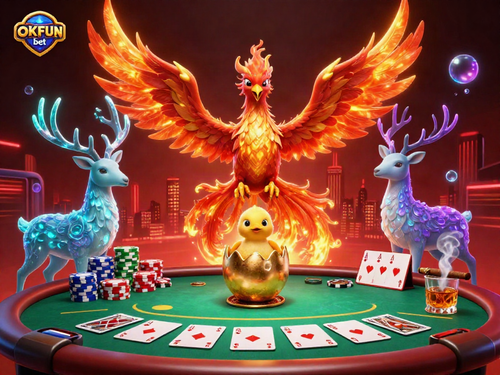 Engage in thrilling gameplay with OKFUN bet in a vibrant casino scene featuring dynamic characters and poker elements.