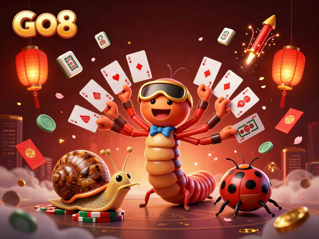 Experience the excitement of GO8 casino with our unique dealer and high-roller characters amidst vibrant casino elements.