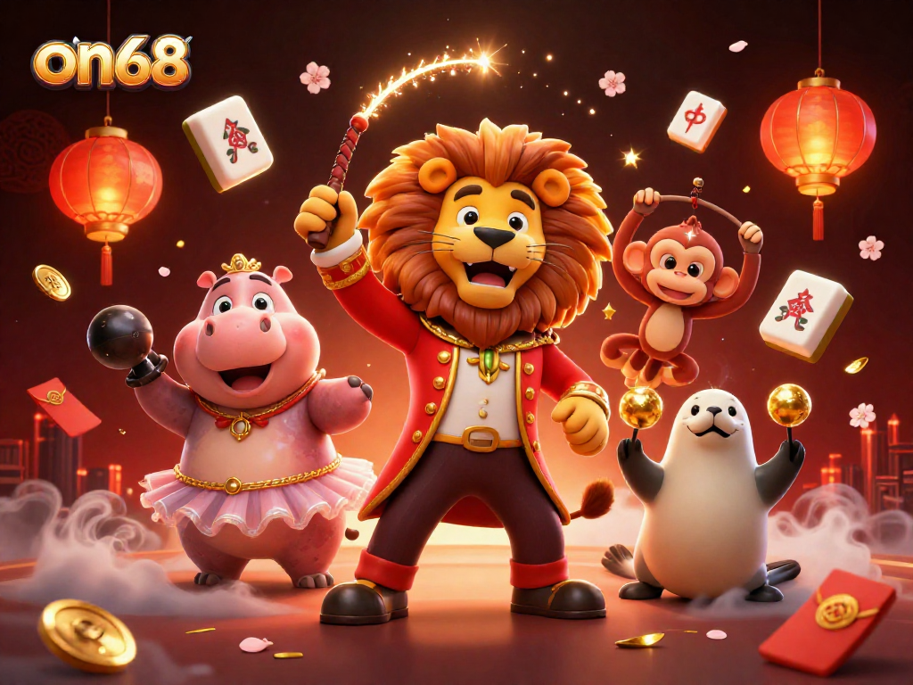 Capture excitement with on68 in a vibrant casino scene, featuring circus characters and rich gaming elements.