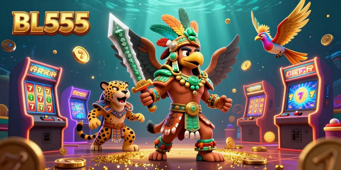 Experience the vibrant BL555 gaming world with 3D holographic characters and colorful casino elements.