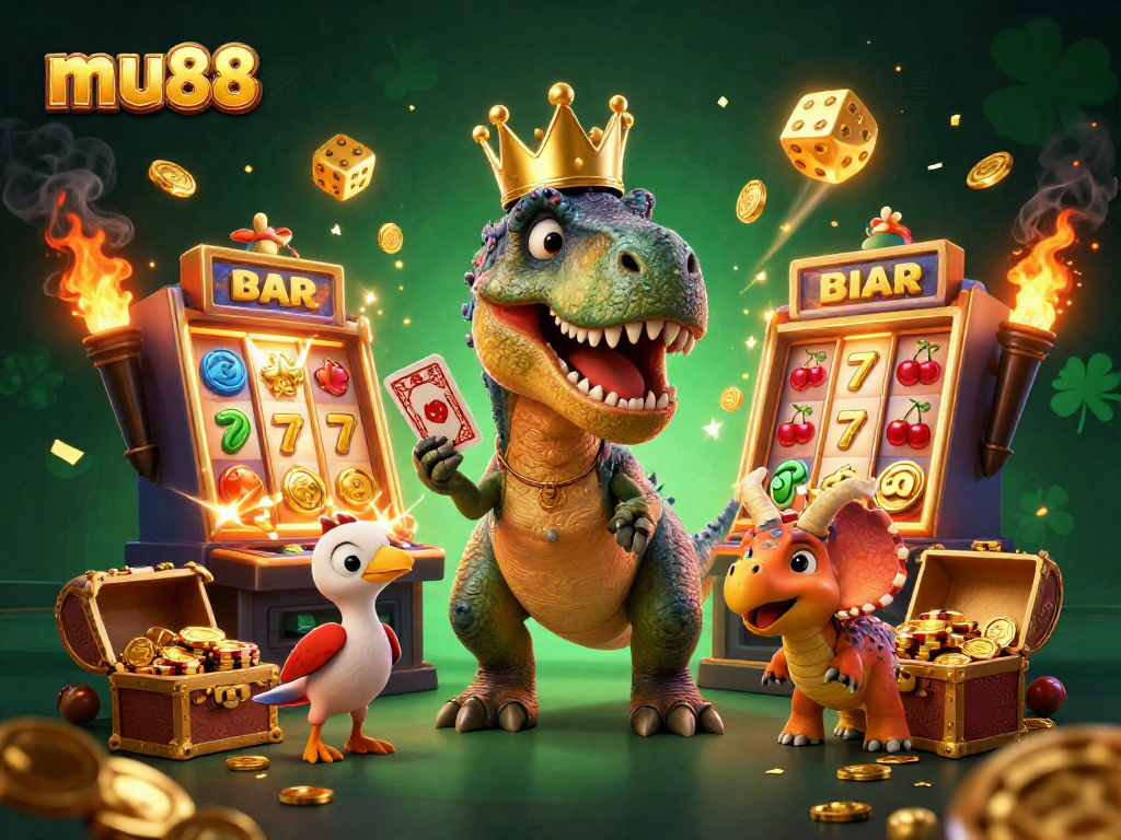 Experience thrilling gameplay at mu88 with a friendly T-Rex dealing cards and chips!