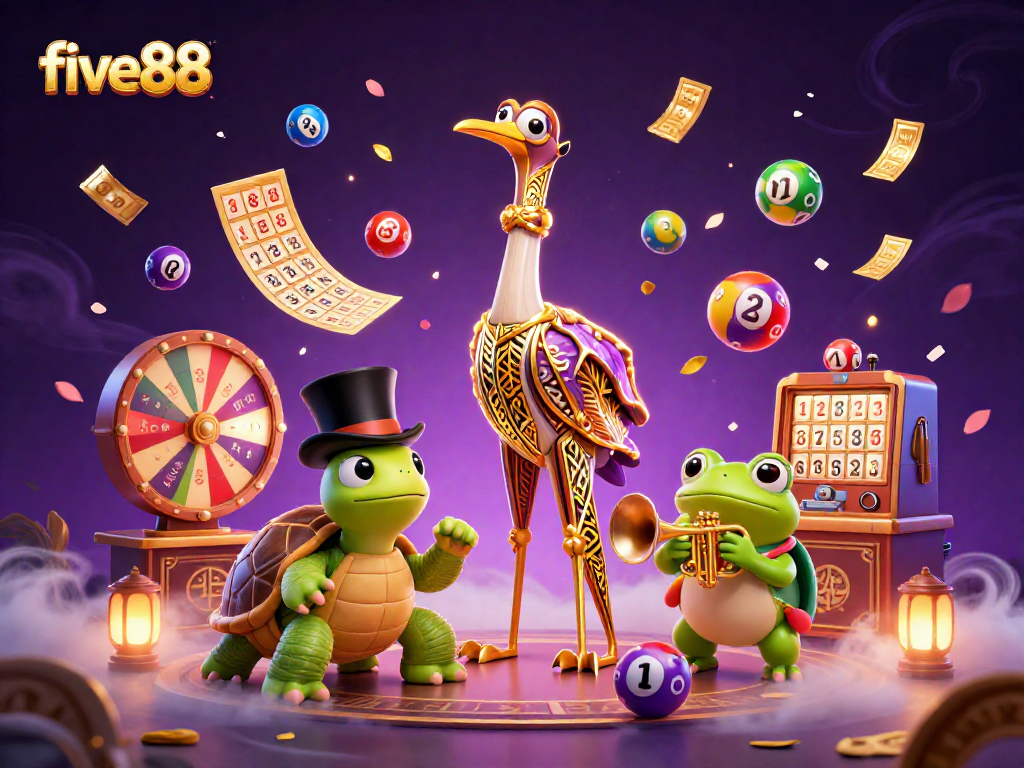 Experience the thrill of winning at five88 with vibrant lottery balls and festive casino elements.