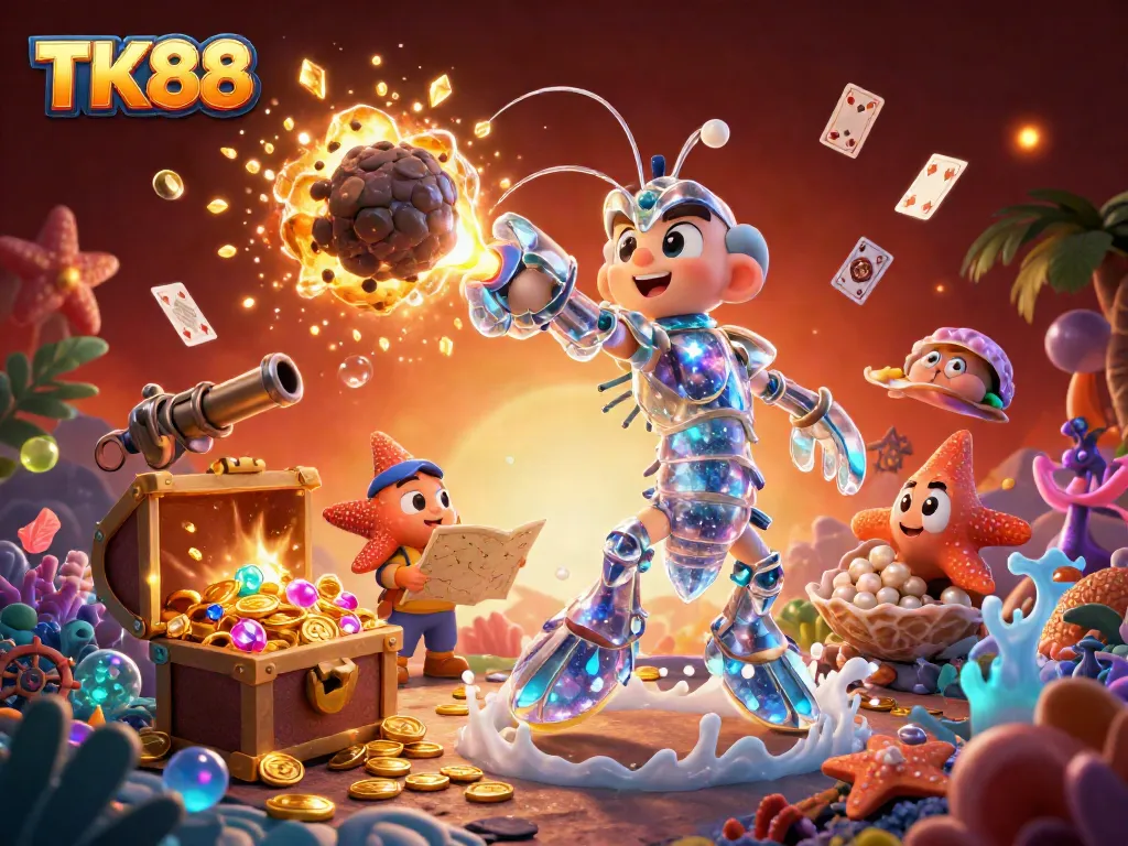 Experience the thrill of TK88 with vibrant underwater gems and characters in a dynamic casino scene.