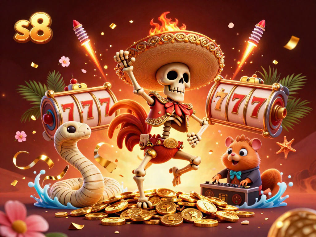 Play thrilling games at s8 with exciting characters showcasing casino elements in a lively scene