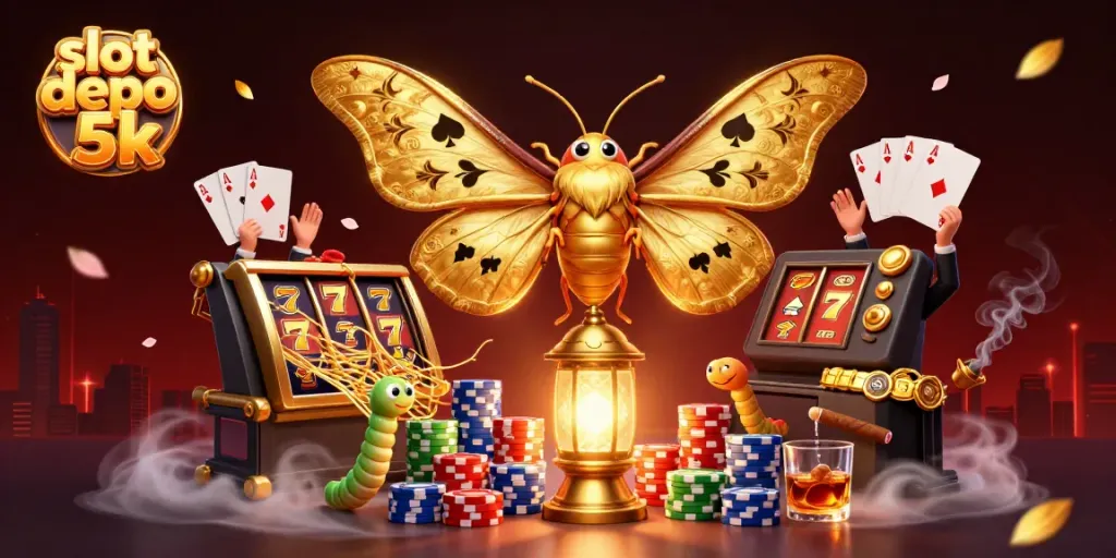 Spin the reels at slot depo 5k with vibrant slots, golden moths, and casino elements.