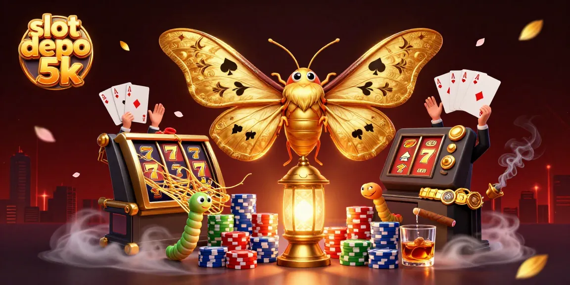 Spin the reels at slot depo 5k with vibrant slots, golden moths, and casino elements.
