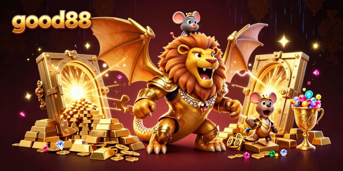 Experience big wins with good88, a vibrant illustration featuring a triumphant chimera, gold treasures, and dynamic gaming elements.