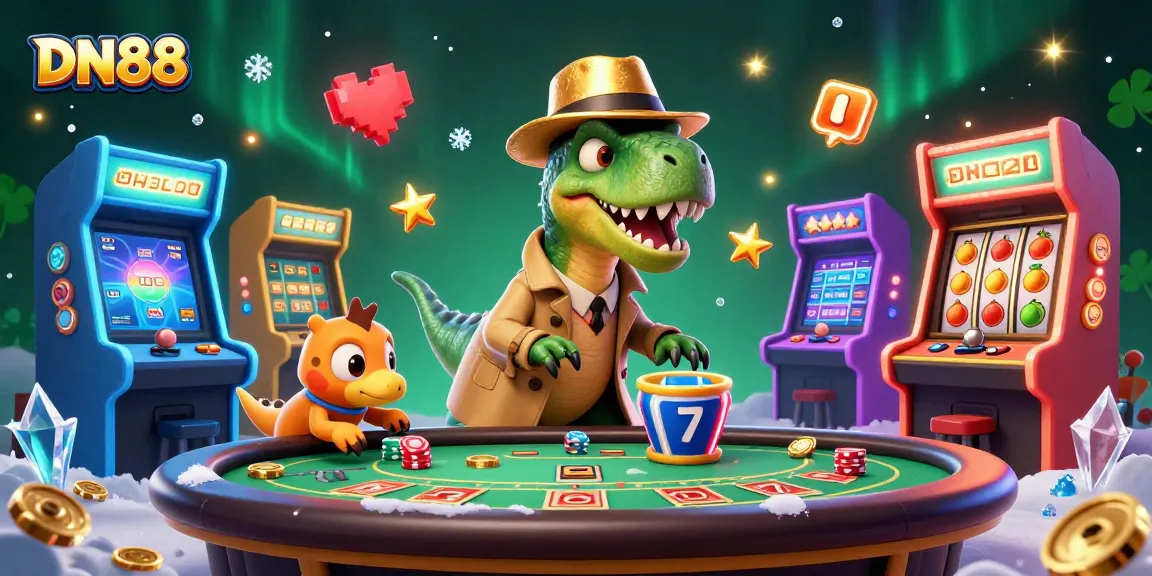 Experience thrilling gameplay at DN88 with cartoon dinosaurs enjoying blackjack, showcasing vibrant casino elements.