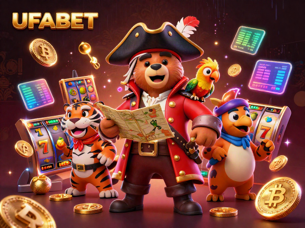 Experience the thrill of UFABET with a lively pirate captain bear and his crew amidst vibrant slot reels.