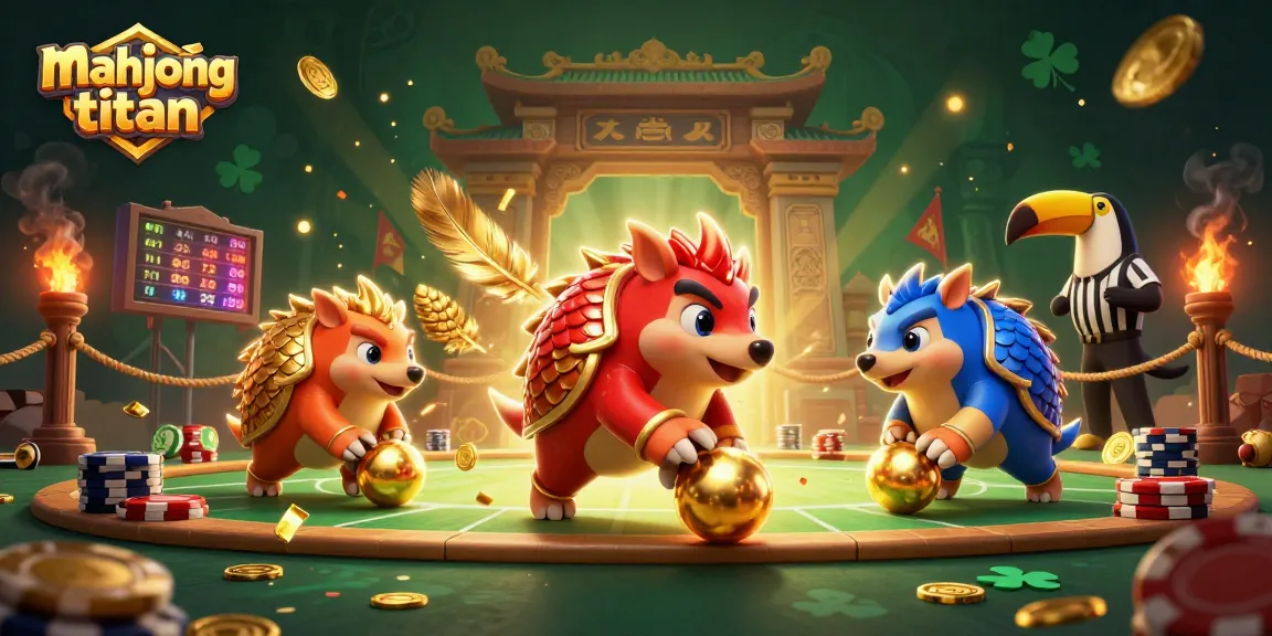 Bowling through poker chips in Mahjong Titan with vibrant pangolins and a toucan referee.