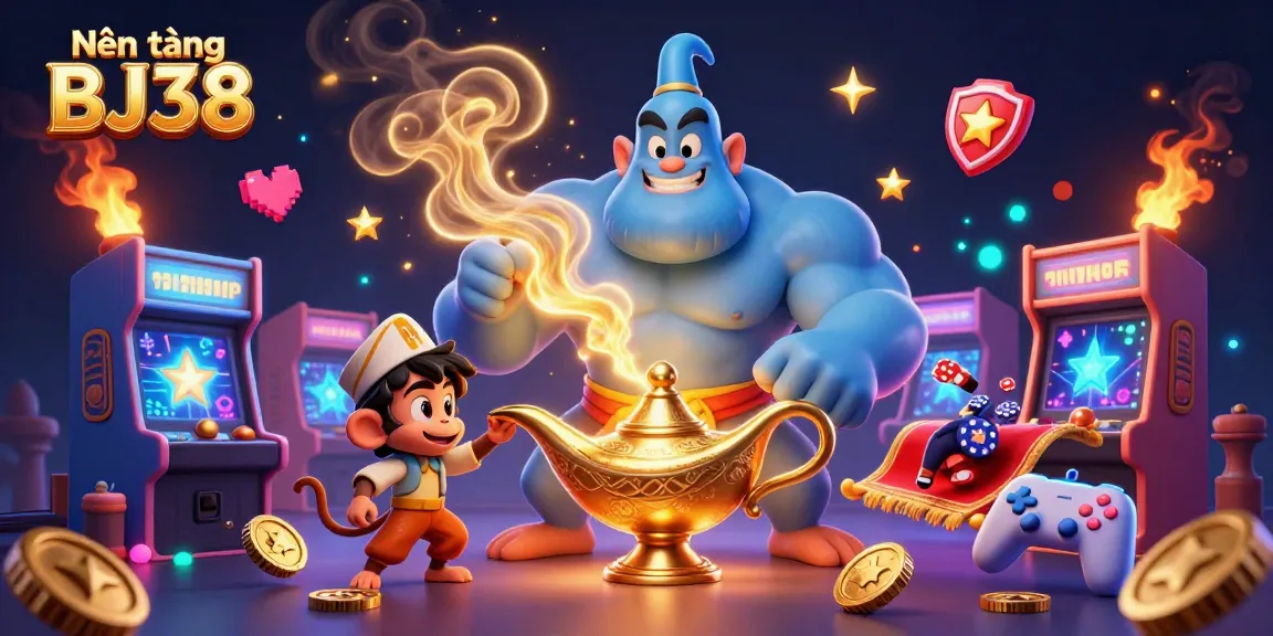 Experience thrilling gaming action at Nền tảng BJ38 with vibrant casino-themed illustrations and dynamic characters.