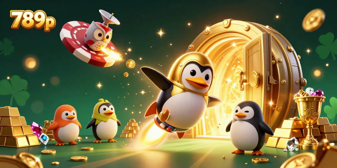 Experience epic wins at 789p with a dazzling casino scene filled with golden treasures and a rocket penguin!
