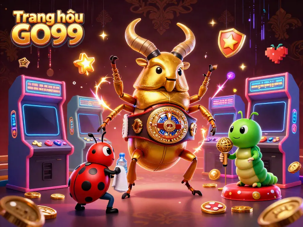 Experience the electrifying world ofTrang chủ GO99 with a giant golden stag beetle and vibrant arcade elements.