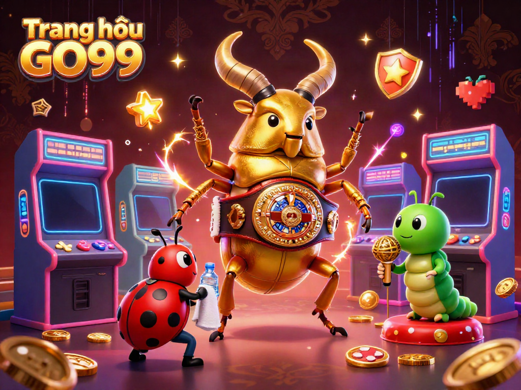 Experience the electrifying world ofTrang chủ GO99 with a giant golden stag beetle and vibrant arcade elements.