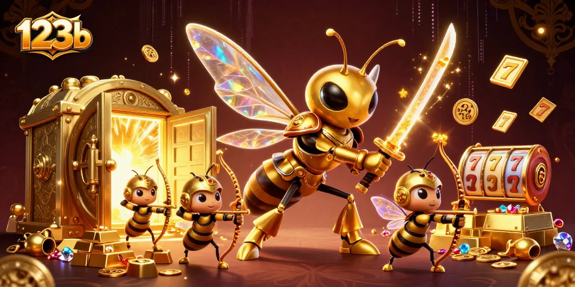 Engage with the 123b casino realm featuring a golden hornet and treasure-filled surroundings.