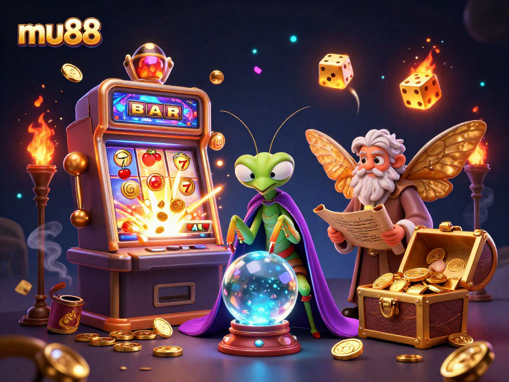 Experience the magical world of mu88 with a 3D fortune teller and vibrant casino scenes.