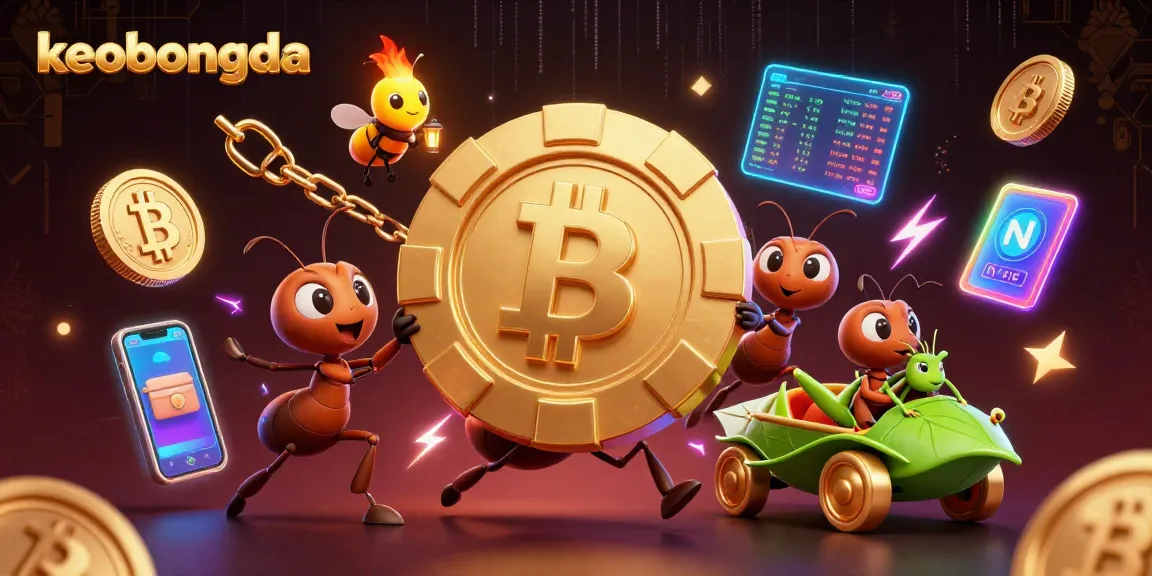 Engage in the thrilling action of keobongda, where ants strategize a heist while surrounded by vibrant crypto elements.