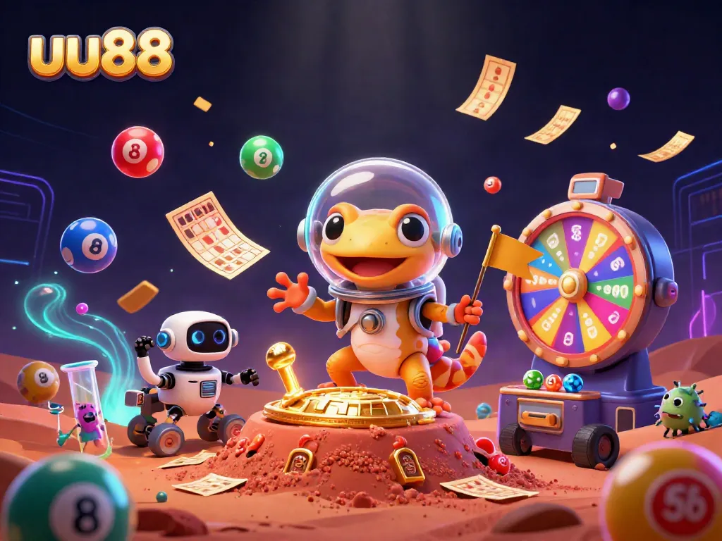 Experience fun and excitement with uu88 in a vivid, colorful cosmic casino scene featuring unique characters.