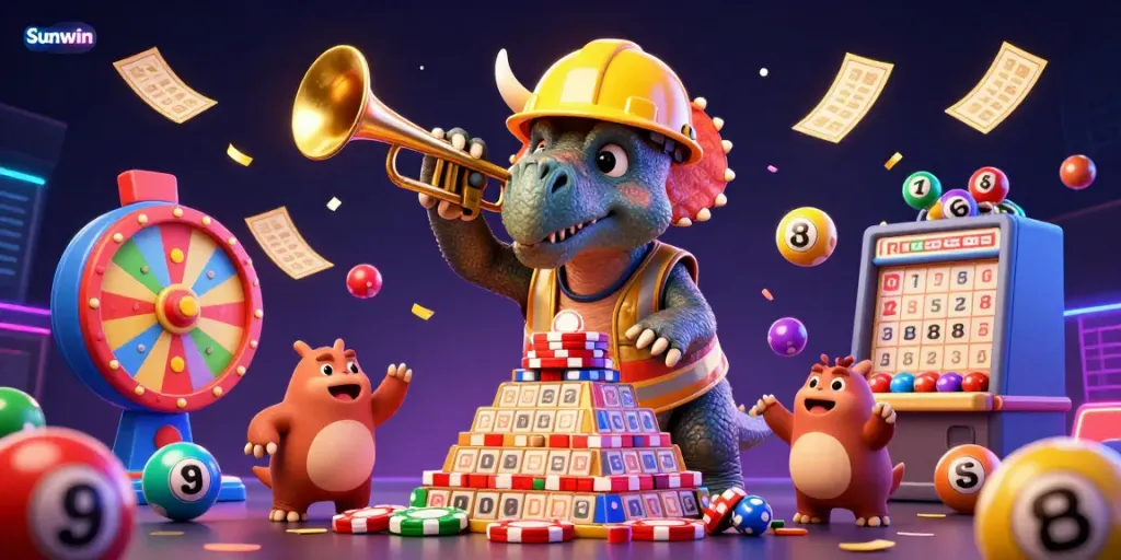 Join the excitement of Sunwin as cartoon dinosaurs build poker chip towers amidst vibrant gaming elements in a colorful casino scene.