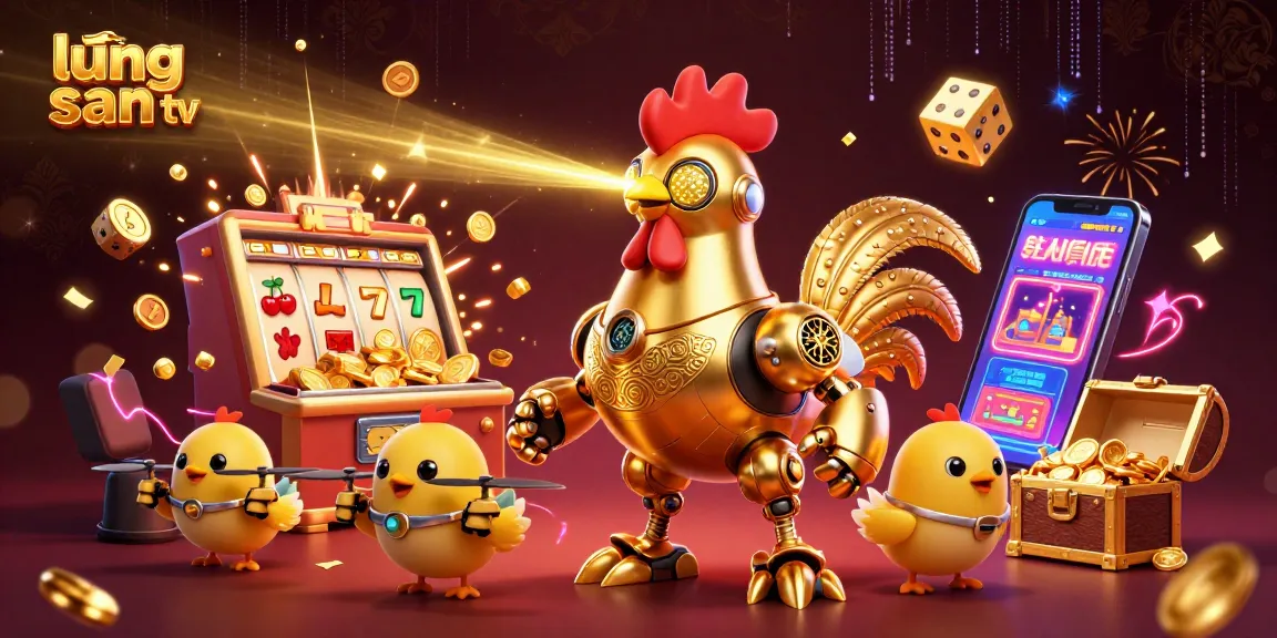 Lương Sơn TV showcases a golden rooster robot in a vibrant, cash-filled casino scene, bringing excitement to viewers.